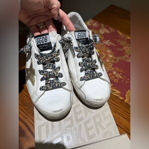 Golden Goose Superstar Sneakers 38 White Gold Glitter Heel Leopard Laces
